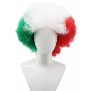 Detail shot of green white and red tricolor afro curly wig for sports fans and party events.
