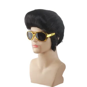 80s Elvis retro rock roll punk black curly wig with gold sunglasses for cosplay party costume.