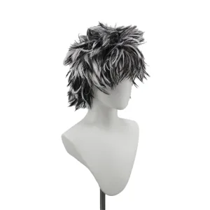 Black and white punk short synthetic wig detail, ideal for cosplay parties and carnivals.
