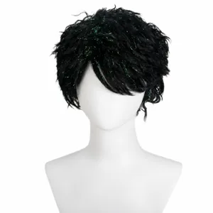 Black short curly cos wig with green tinsel for men anime Halloween party styling.