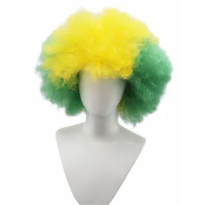 Yellow and green afro wig detail shot, fan party curly hair costume accessory piece