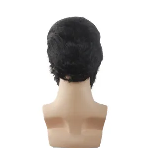 Retro short curly black wig detail view, ideal for 80s costume parties and retro cosplay styling.