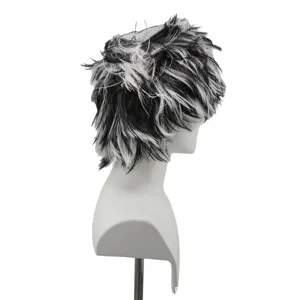 Detail view of the black and white feather carnival wig, showing the unique spiked hair texture.