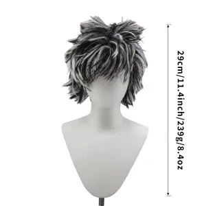 Black and white gradient synthetic fiber wig, messy cosplay carnival hairstyle detail.