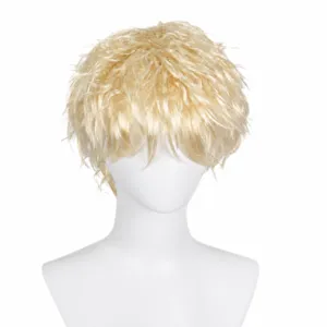 Short blonde curly wig detail shot, fluffy synthetic cosplay hair piece for men styling.