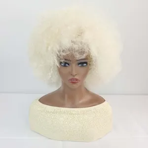 Blonde fluffy afro wig for party and festival, short curly synthetic clown hair piece.
