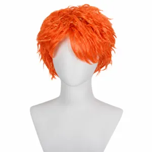 Orange short spiky cosplay wig for men, perfect for anime Halloween costume styling.