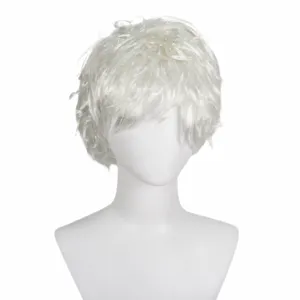 White short curly wig anime cosplay hair piece for men Halloween costume party styling.