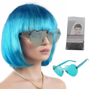 Blauwe bob-pruik met hartvormige zonnebril en haarnetset, perfect voor feestelijk verkleedpartijen.