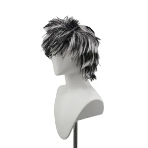 Black and white layered short synthetic wig for carnival costume party and fun styling