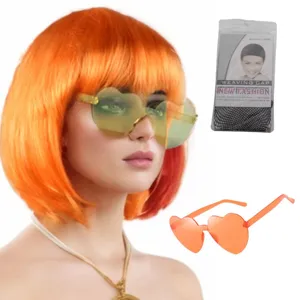 Oranje bob pruik kort stijl haar met hart zonnebril feest kostuum haar rekwisieten