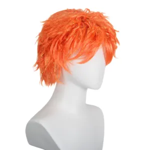 Orange short curly cosplay wig with gold tinsel, fluffy anime hair for men and Halloween.