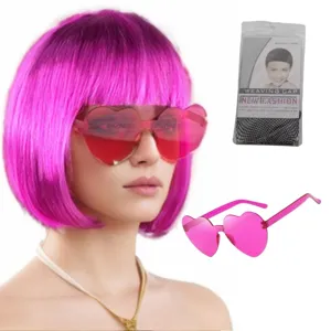 Roze bob pruik met hartvormige zonnebril en haarnet set voor feestje en mode verkleedkleding.