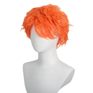 Short orange cosplay wig with glitter strands, perfect for Halloween, anime events and parties.