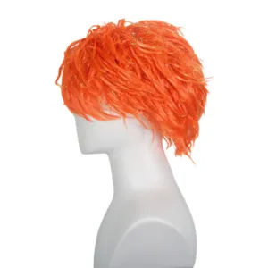 Vibrant orange short anime cosplay wig for men, perfect for Halloween and party styling.