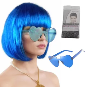 Blauwe bob pruik met hart zonnebril set korte stijve haren feest kostuum accessoires