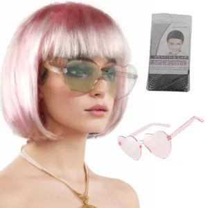 Roze witte gradiënt bob pruik kort haar set met hart zonnebril en haarnet details voor feest