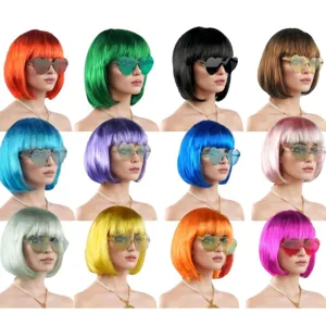 Kleurrijke korte bob pruik met pony feest kostuum verkleed haar accessoire voor halloween