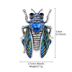 Vintage blue rhinestone cicada insect brooch metallic fashion pin elegant clothing accessories