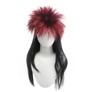 Two-tone fluffy tinsel medium long party wig with metallic threads, black and burgundy.