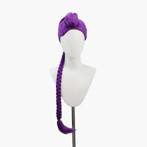 Purple braided long synthetic cosplay wig detail, heat resistant fiber, anime hair style.