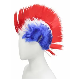 Perruque punk iroquoise rouge blanche et bleue pour fête costumée et événement cosplay amusant.