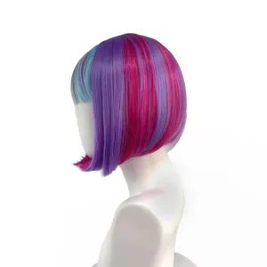 Detailed view of the short bob wig featuring vibrant blue, purple and pink synthetic strands.