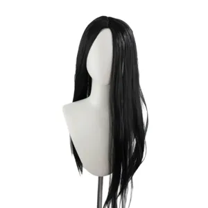 Parrucca sintetica lunga liscia nera con riga centrale per Halloween cosplay manichino