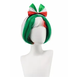 Detail shot of Italian flag colors bob wig with bow headband for European Cup party.