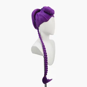Closeup of the purple cosplay wig featuring a long braided pigtail and unique anime styling.