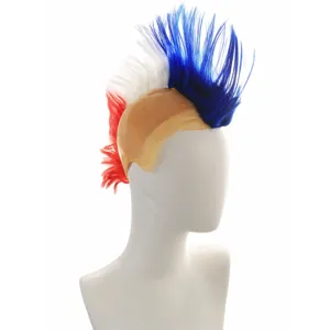 Close-up detail of the red white and blue punk mohawk wig on display mannequin head.