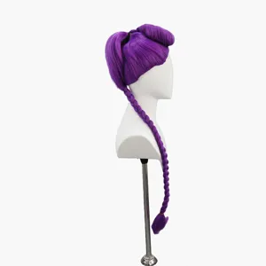 Purple anime cosplay wig with long braided ponytail and styled bangs for character dress up.