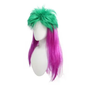 Two-tone party wig detail, green and purple long synthetic hair with tinsel sparkle.