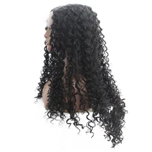 Black long curly lace front synthetic wig detail showcasing texture and curl pattern styling.