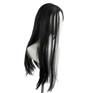Lunga parrucca nera liscia con riga in mezzo capelli sintetici per festa cosplay Halloween.