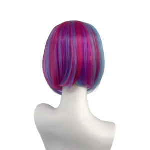 Colorful short bob synthetic wig details, purple pink blue mixed hair strands showcase.