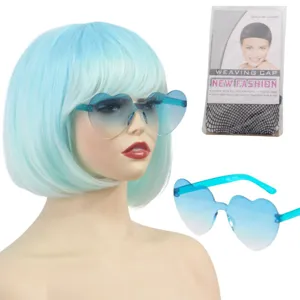 Parrucca bob blu corta con set di occhiali da sole a cuore per feste e costumi eleganti.