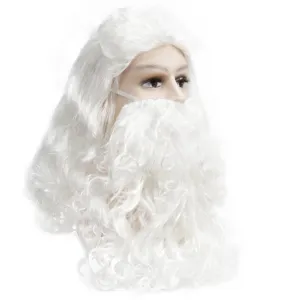 Detail view of the white curly Santa wig and matching long beard for holiday festival dress up.