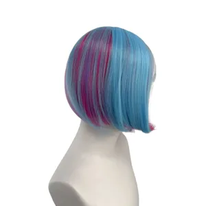 Detailed view of short bob wig showcasing blue and pink mixed hair highlights and texture.