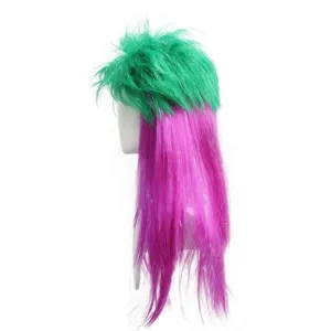 Detailed view of the two-color party wig with green top and purple tinsel long strands.
