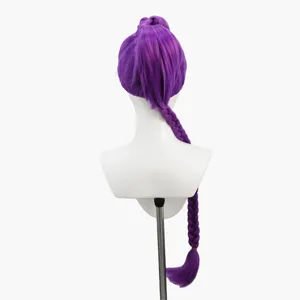 Purple synthetic cosplay wig with high ponytail and long braid, perfect for anime fans.
