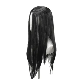 Lunga parrucca nera e liscia per donne capelli sintetici riga in mezzo stile Halloween.