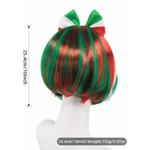 Short bob wig with bow green white red hair party costume colorful synthetic hair accessory