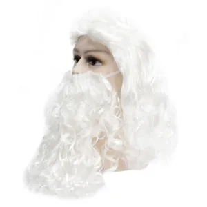 White long curly Santa Claus wig and beard set for holiday party and Christmas dress up.