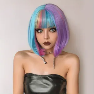 Short Bob Wig With Neat Bangs Mixed Color Blue Purple Synthetic Hair Natural Looking Wig For Women Daily Party Cosplay