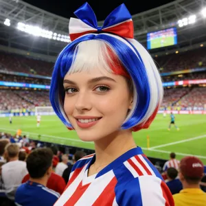 European cup party blue white red bob wig with oversized bow headband for football fans.