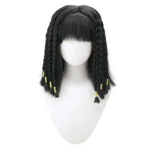 Short black cosplay wig with stylish bangs, braided hair and gold beads for parties.