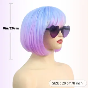 Parrucca corta a carré colorata con frangia blu viola ombré sintetica per feste.