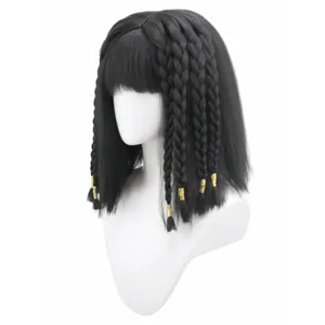 Black short wig with neat bangs and braided sections adorned with gold beads for costume parties.