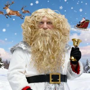 Gouden Lange Krullende Kerstman Pruik en Baard Set Voor Kerstfeest Cosplay